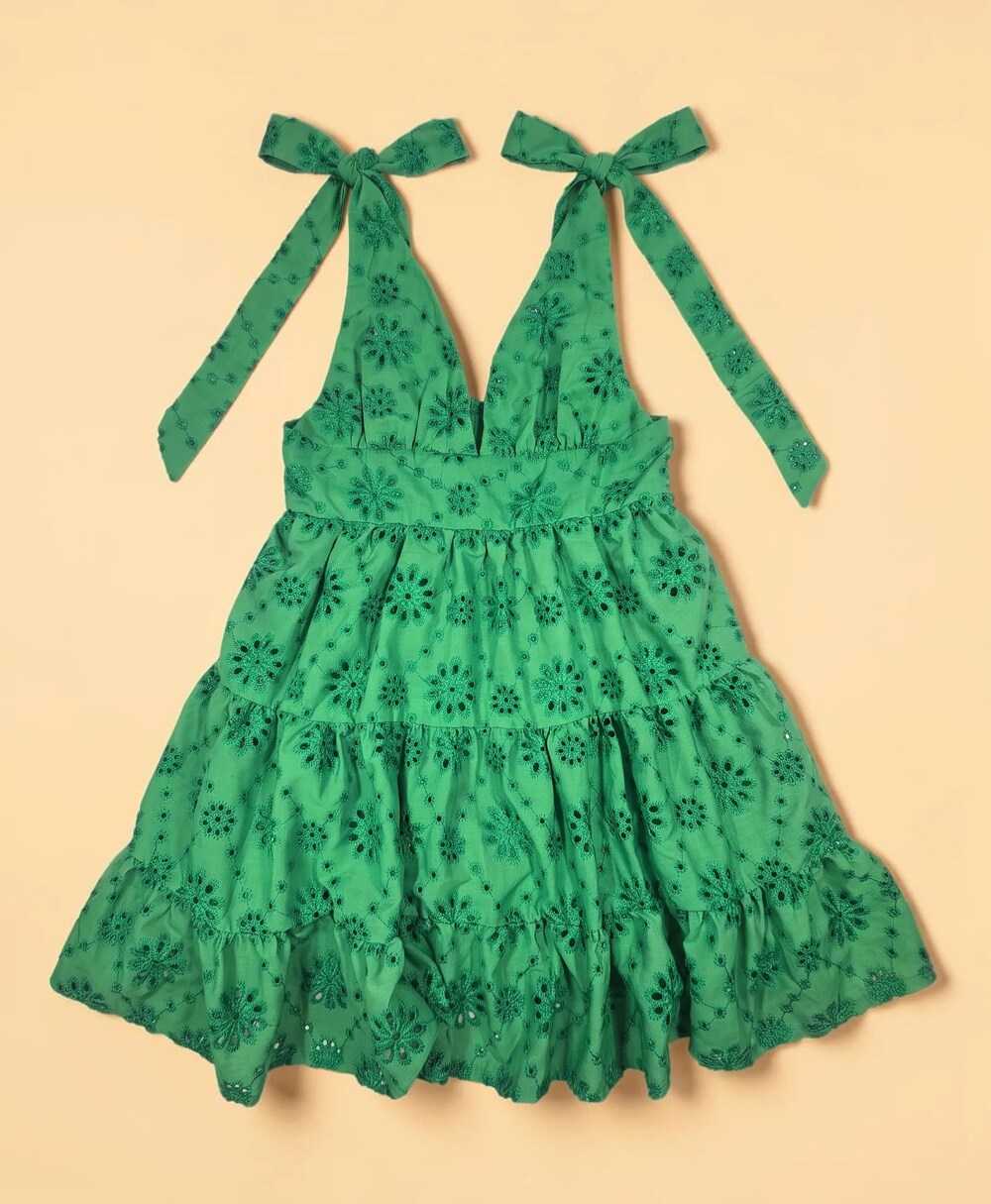 Emerald Green Eyelet Lace Halter Sundress Tie Straps Tiered Ruffle Mini Dress